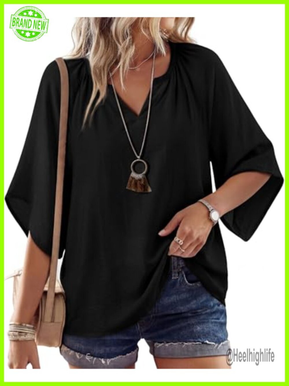Womens 3/4 Sleeve V Neck Boho Peasant Tunic Top Loose Fit Flowy Blouse